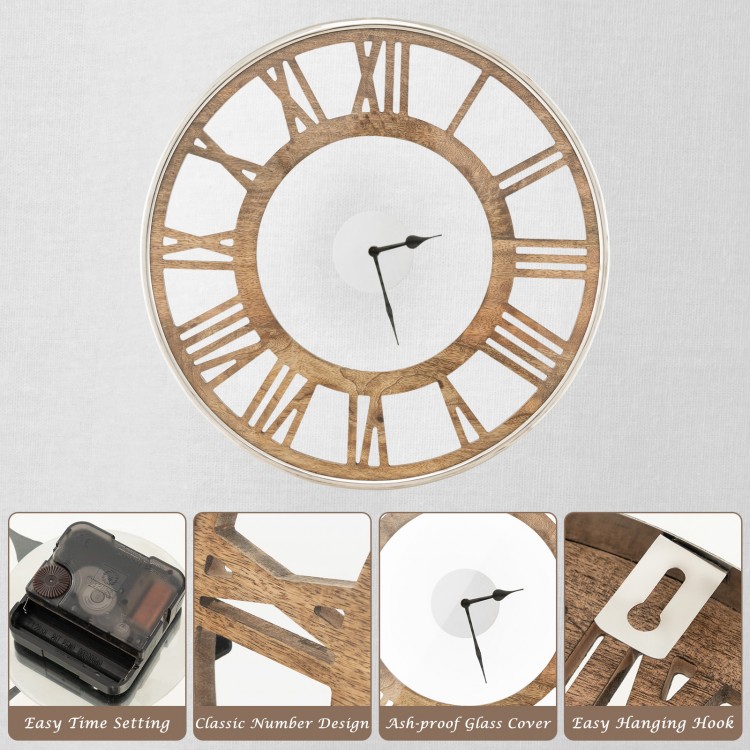 16-inch silent wall clock featuring a classic Roman numeral design and ash-proof glass cover for easy maintenance.
